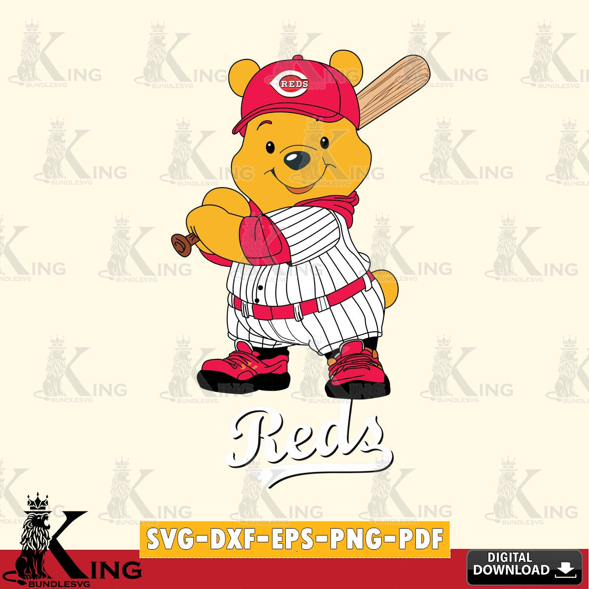 Vector design showing Cincinnati Reds Winnie the Pooh Player Baseball, versatile clip art for stickers, decals, and mugs.