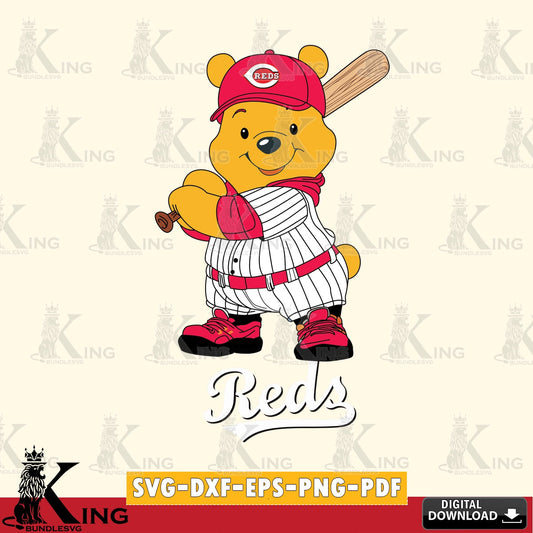Vector design showing Cincinnati Reds Winnie the Pooh Player Baseball, versatile clip art for stickers, decals, and mugs.