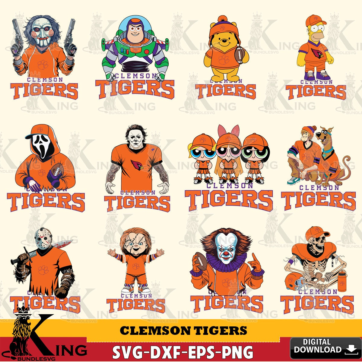 Exclusive set of Clemson Tigers Cartoon Football NCAA Bundle digital file for silhouette cameo and cricut projects