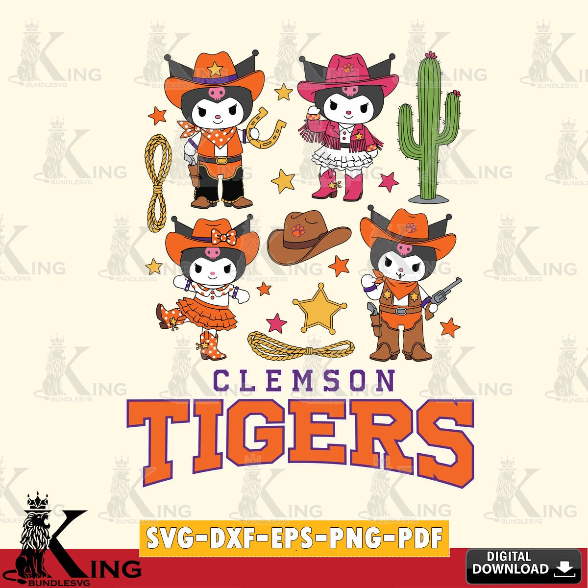 Clemson Tigers Kuromi Cowboy Western SVG file, Cricut, Cut file  , Digital Download , Instant Download, Sanrio svg, Clipart