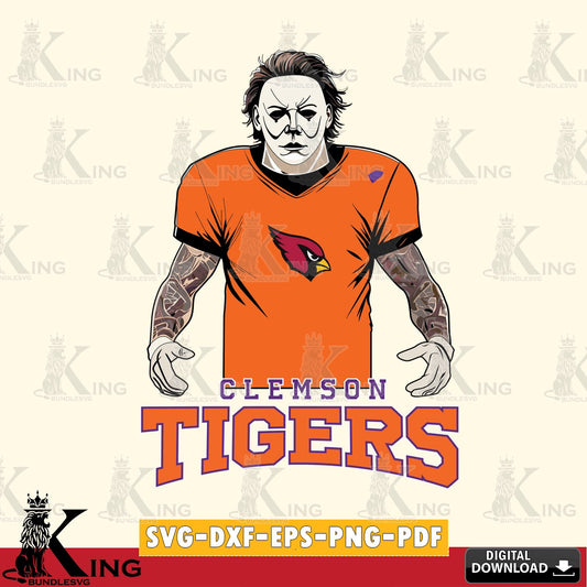 High-quality graphic of a Clemson Tigers Michael Myers tattoo football, a printable vector design for sublimation and crafts.