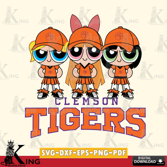 Creative design featuring Clemson Tigers PowerPuff Girls Football, SVG PNG design suitable for Glowforge and laser cutting