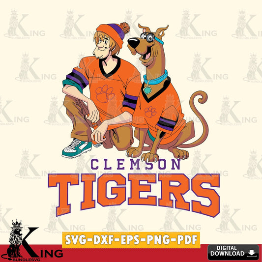 Vector design showing Clemson Tigers Shaggy and Scooby Doo football, NCAA, vector art for engraving, cutting, and printing.