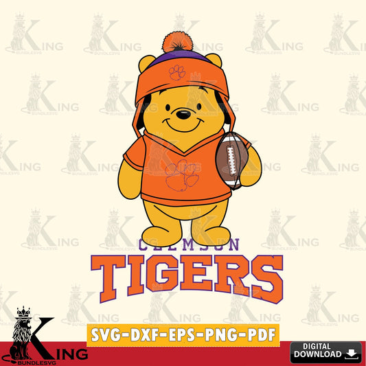 Stylish representation of Clemson Tigers Winnie the Pooh player Football, PNG clipart for sublimation printing and graphic design
