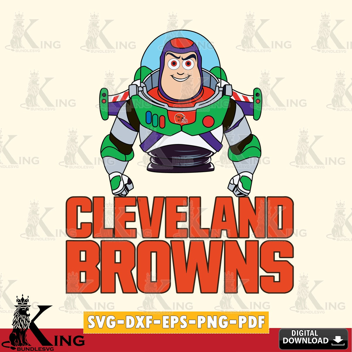 Artistic drawing of a Cleveland Browns Buzz Lightyear football, a digital clipart compatible with laser engraving and cutting.