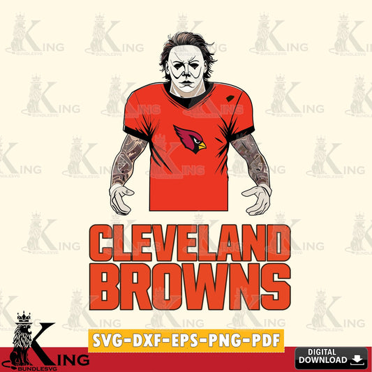 Modern graphic depicting a Cleveland Browns Michael Myers tattoo football, a crafting file for iron-on transfer and vinyl decals.