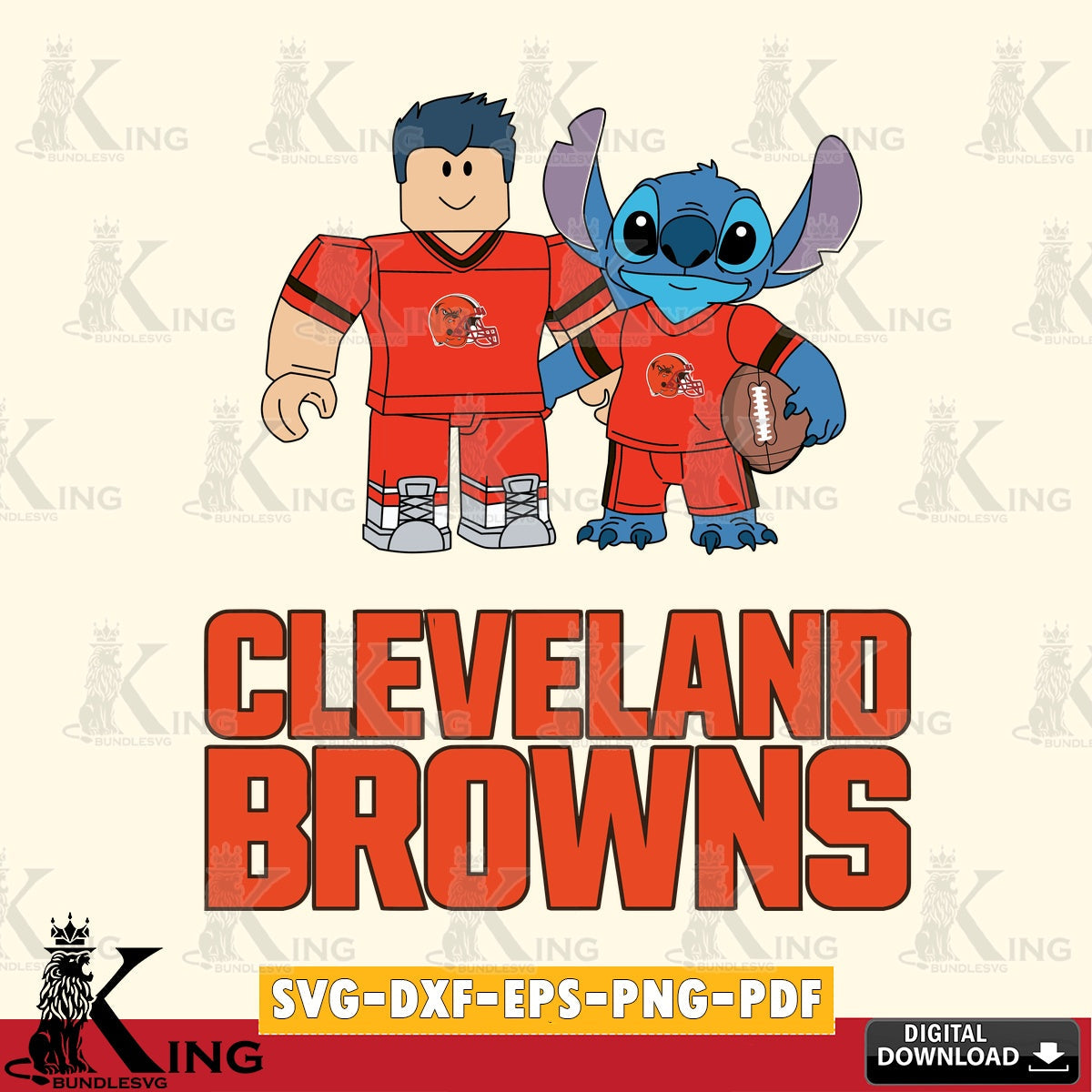 Artistic drawing of Cleveland Browns Roblox & Stitch Football, NFL file cut, digital file for silhouette cameo and cricut projects