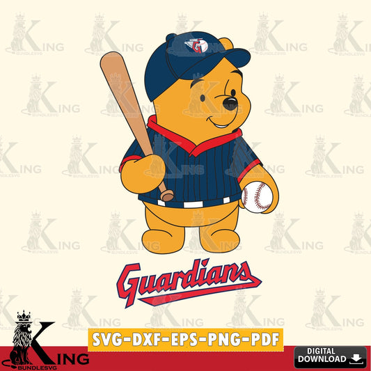 Detailed illustration of Cleveland Guardians Baseball Batter Winnie the Pooh, a digital download for Cricut Maker and paper