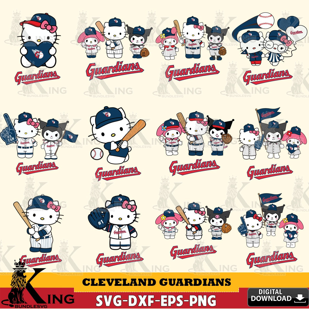 Massive pack of Cleveland Guardians Sanrio Squad Baseball MLB Bundle, PNG clipart for sublimation printing and graphic design