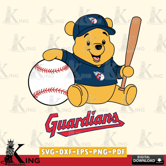 Eye-catching graphic of a Cleveland Guardians Winnie the Pooh baseball star player, versatile clip art for stickers, decals, and