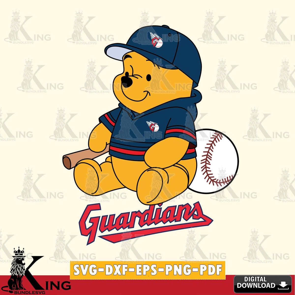 Vector design showing Cleveland Guardians Winnie the Pooh baseball SVG PNG design suitable for Glowforge and laser cutting