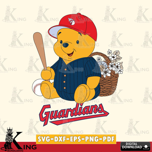Eye-catching graphic of Cleveland Guardians Winnie the Pooh with a flower baseball SVG cut file for personalized gifts and laser