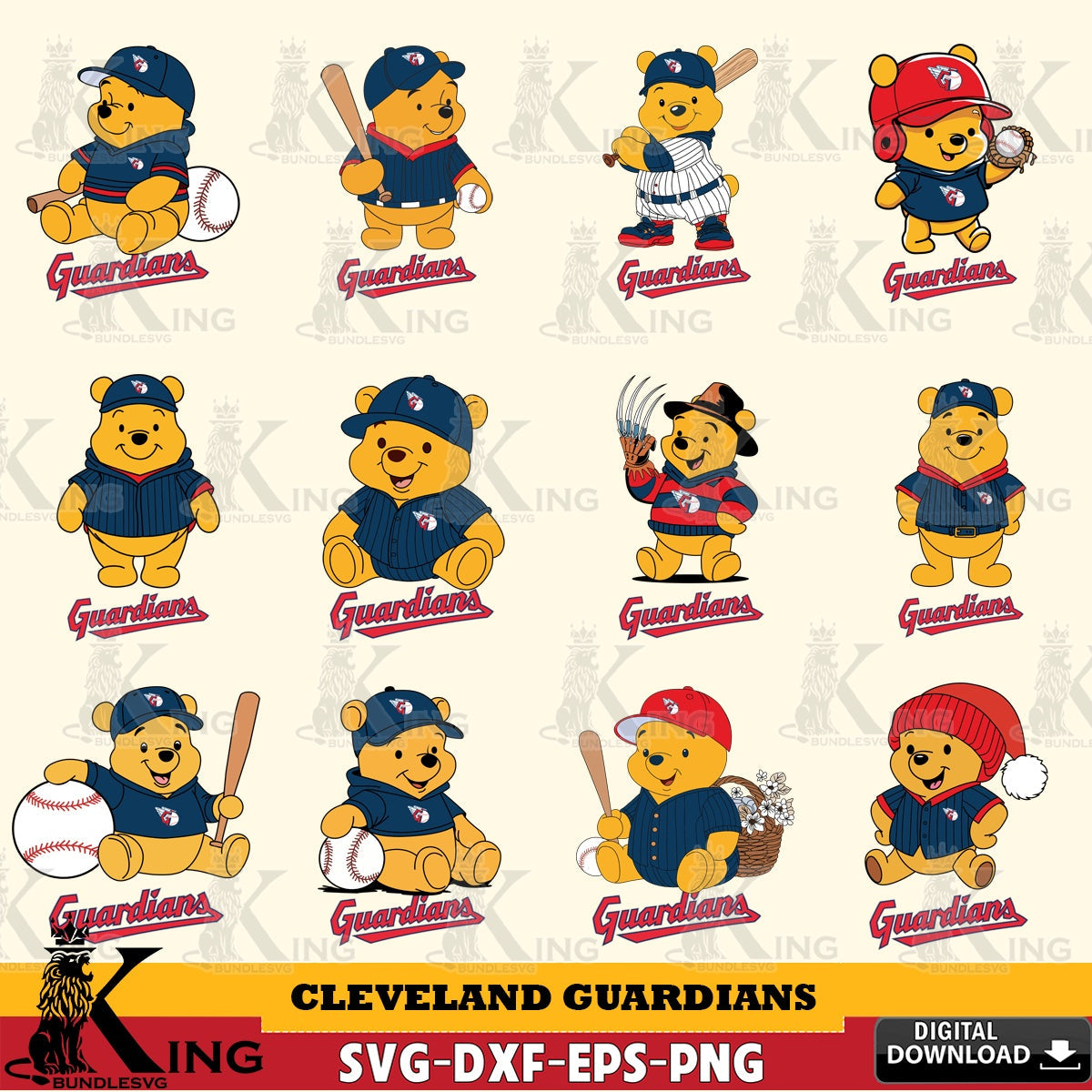 Exclusive set of Cleveland Guardians Winnie the Pooh MLB baseball Bundle vector illustration for POD merchandise and apparel