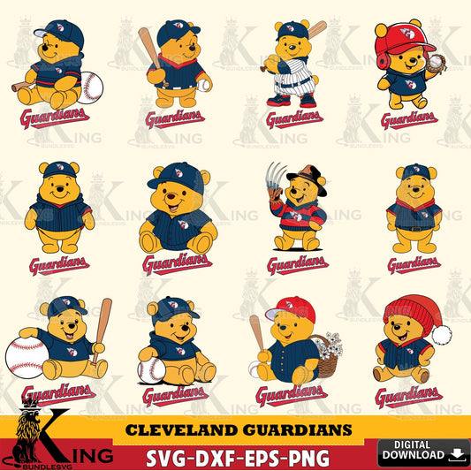 Exclusive set of Cleveland Guardians Winnie the Pooh MLB baseball Bundle vector illustration for POD merchandise and apparel