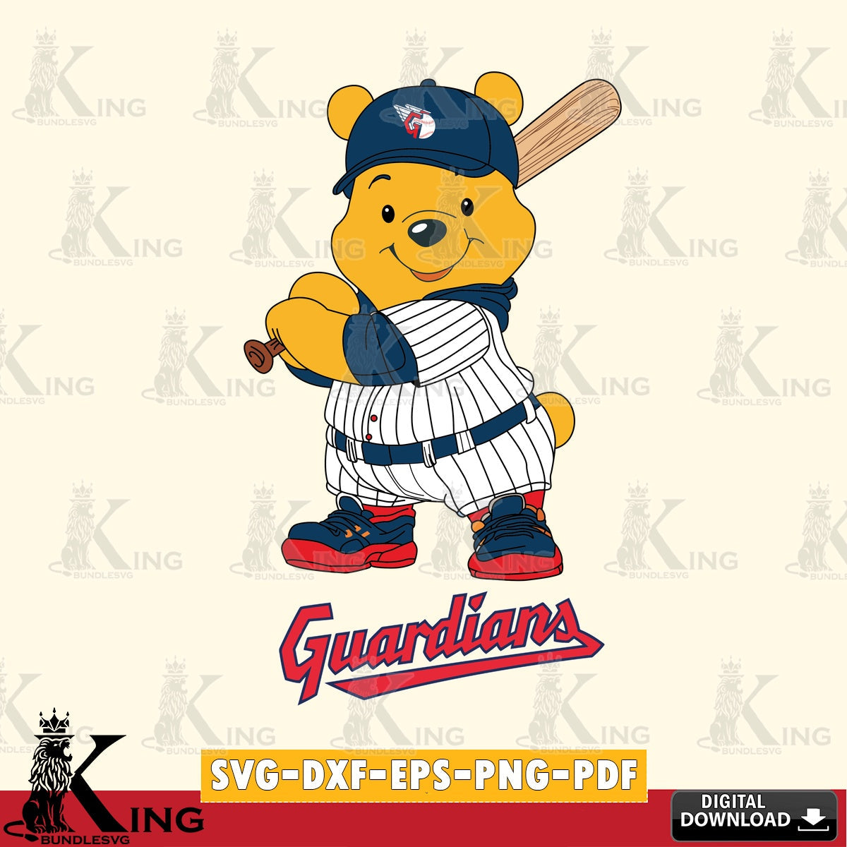 Unique artwork depicting Cleveland Guardians Winnie the Pooh player baseball, SVG PNG files perfect for Cricut and Silhouette