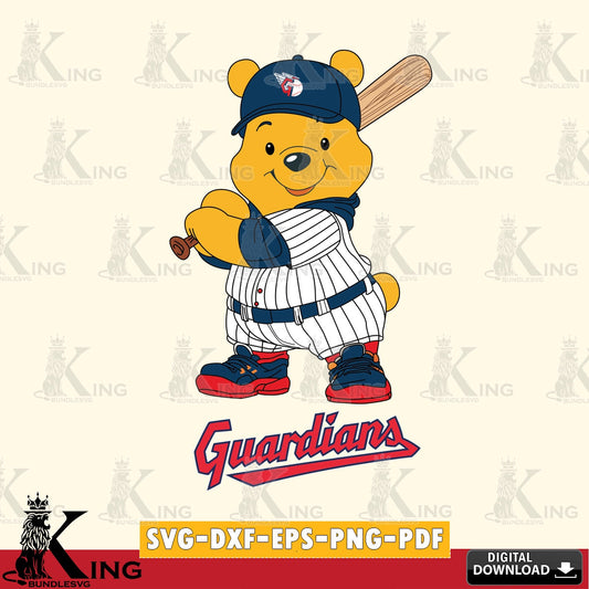 Unique artwork depicting Cleveland Guardians Winnie the Pooh player baseball, SVG PNG files perfect for Cricut and Silhouette