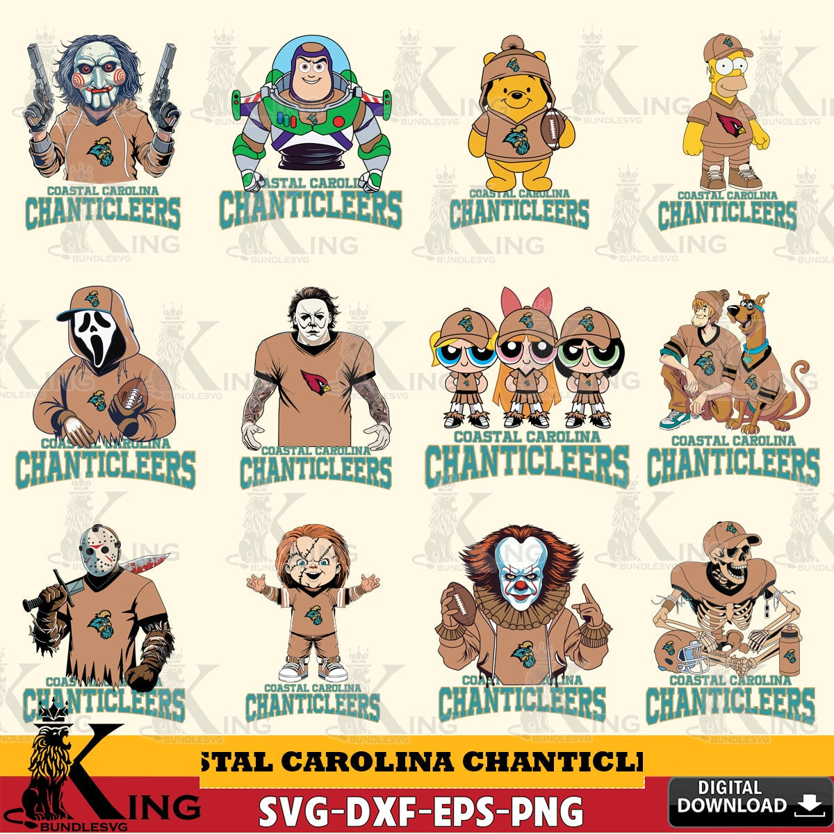 Jumbo collection of Coastal Carolina Chanticleers cartoon football NCAA bundle for Cricut, NCAA PNG clipart for sublimation