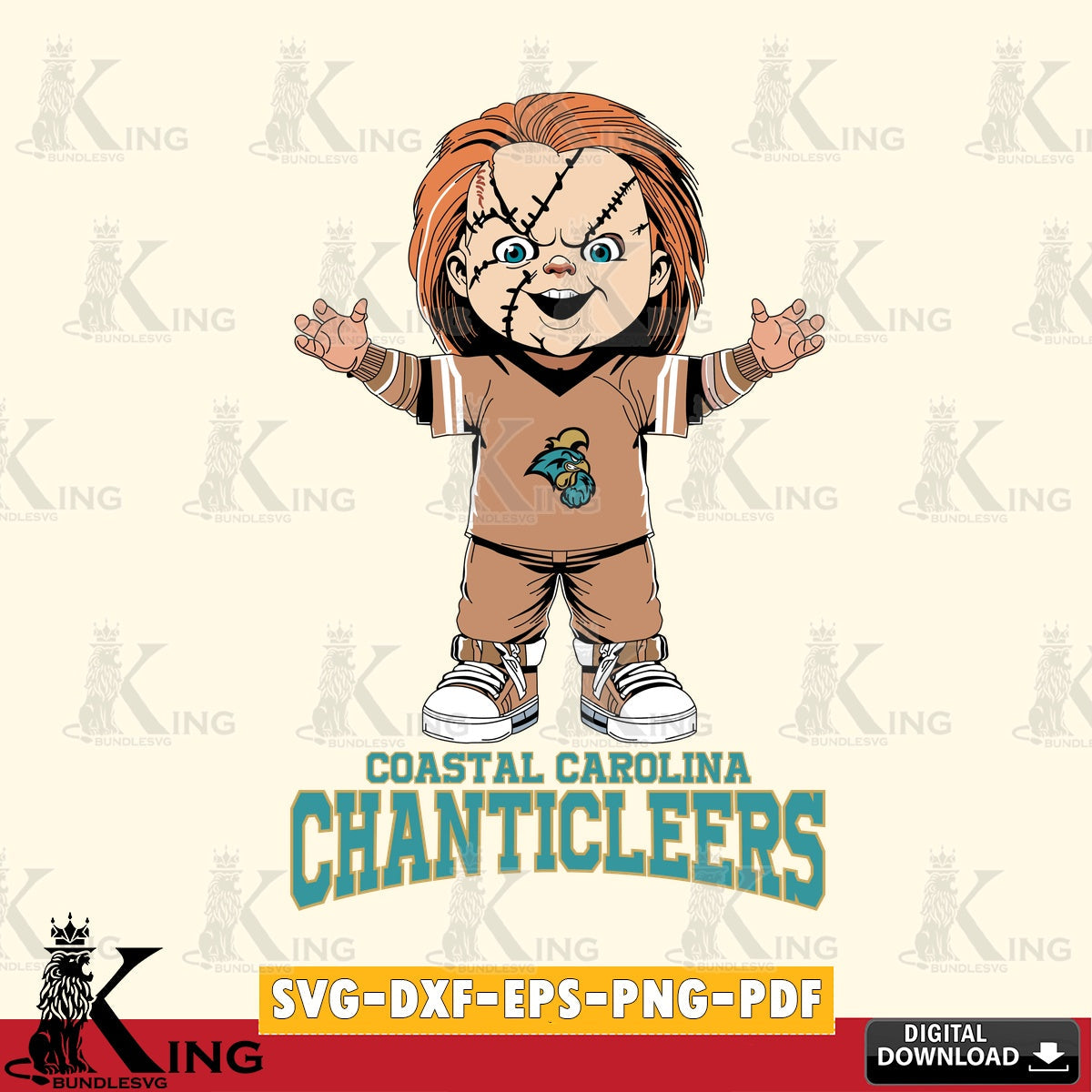 Hand-drawn style art of Coastal Carolina Chanticleers Chucky Football, a crafting file for iron-on transfer and vinyl decals