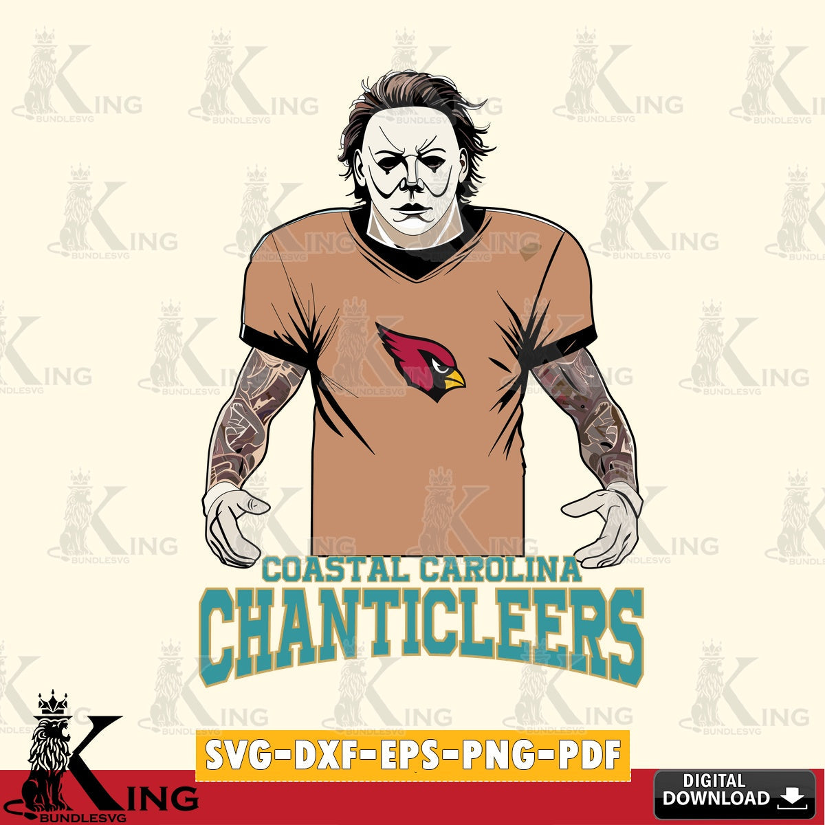 Modern graphic depicting Coastal Carolina Chanticleers Michael Myers tattoo football, a digital file for silhouette cameo and