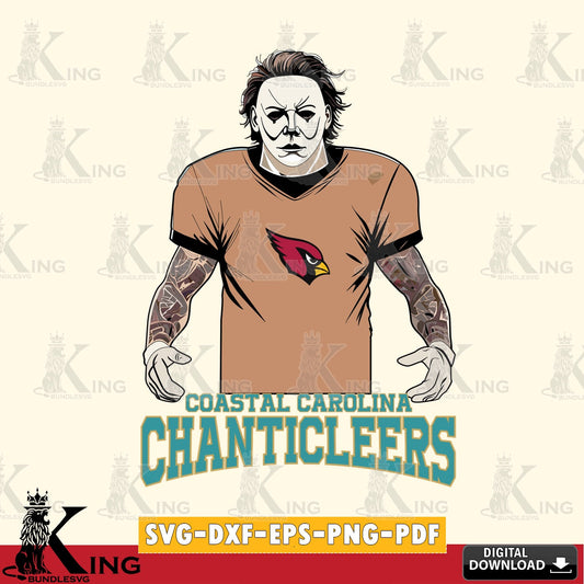 Modern graphic depicting Coastal Carolina Chanticleers Michael Myers tattoo football, a digital file for silhouette cameo and