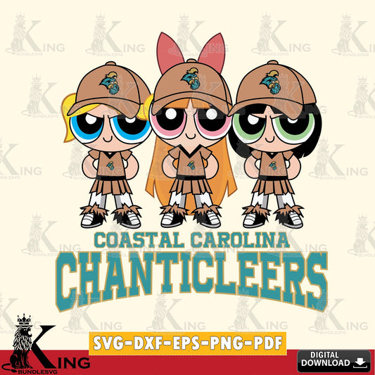 Vector design showing Coastal Carolina Chanticleers PowerPuff Girls Football, NCAA, PNG clipart for sublimation printing and