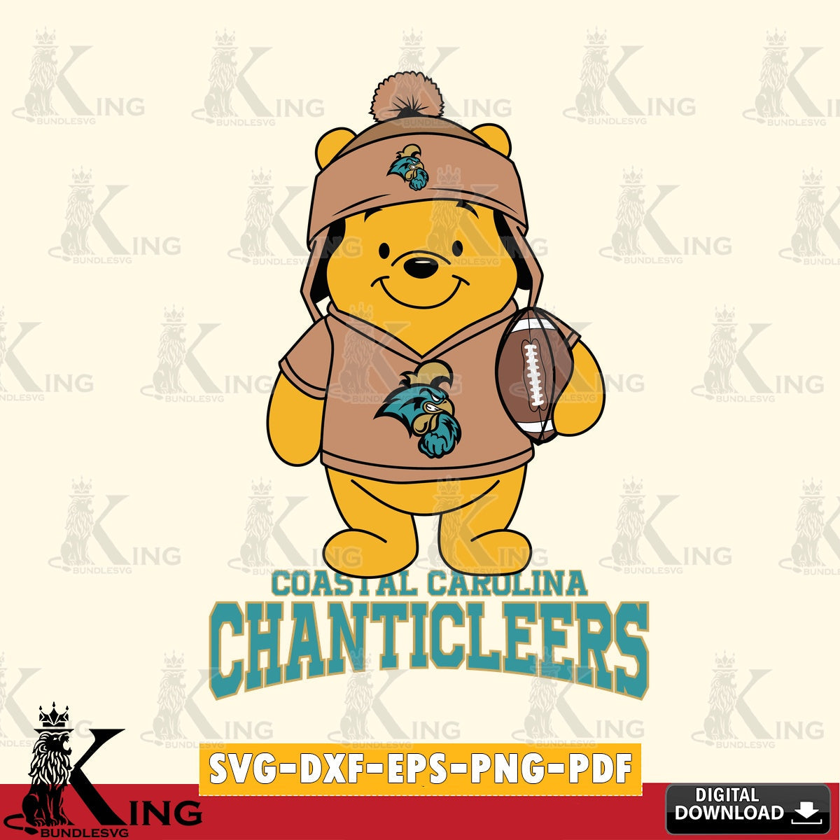 Unique artwork depicting Coastal Carolina Chanticleers Winnie the Pooh player Football, NCAA digital clipart compatible with