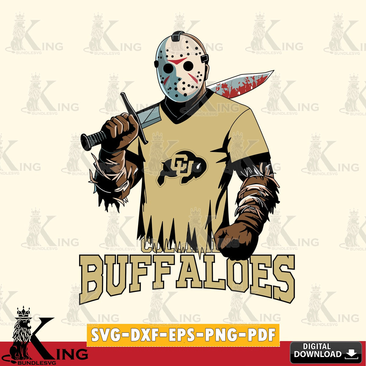 Custom design featuring a Colorado Buffaloes Jason Voorhees football graphic, a vector illustration for POD merchandise and