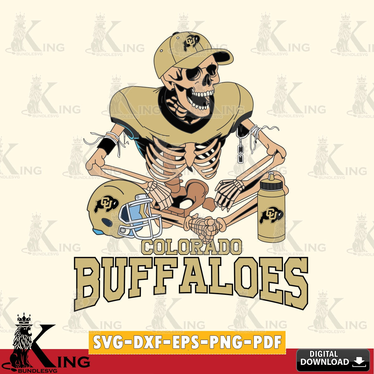 Unique artwork depicting a Colorado Buffaloes skeleton football player, printable vector design for sublimation and crafts