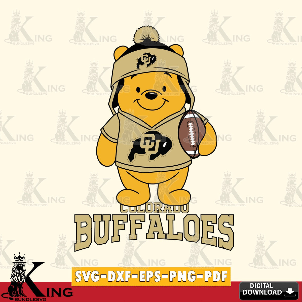 Digital clipart of Colorado Buffaloes Winnie the Pooh player football, NCAA, SVG PNG files perfect for Cricut and Silhouette