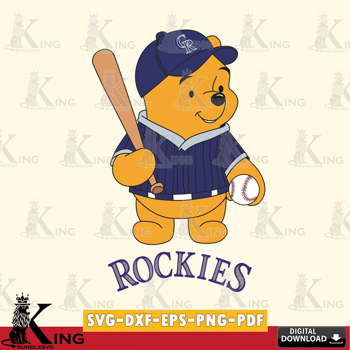 Digital download featuring Colorado Rockies baseball batter Winnie the Pooh, cut file ideal for vinyl projects and T-shirt