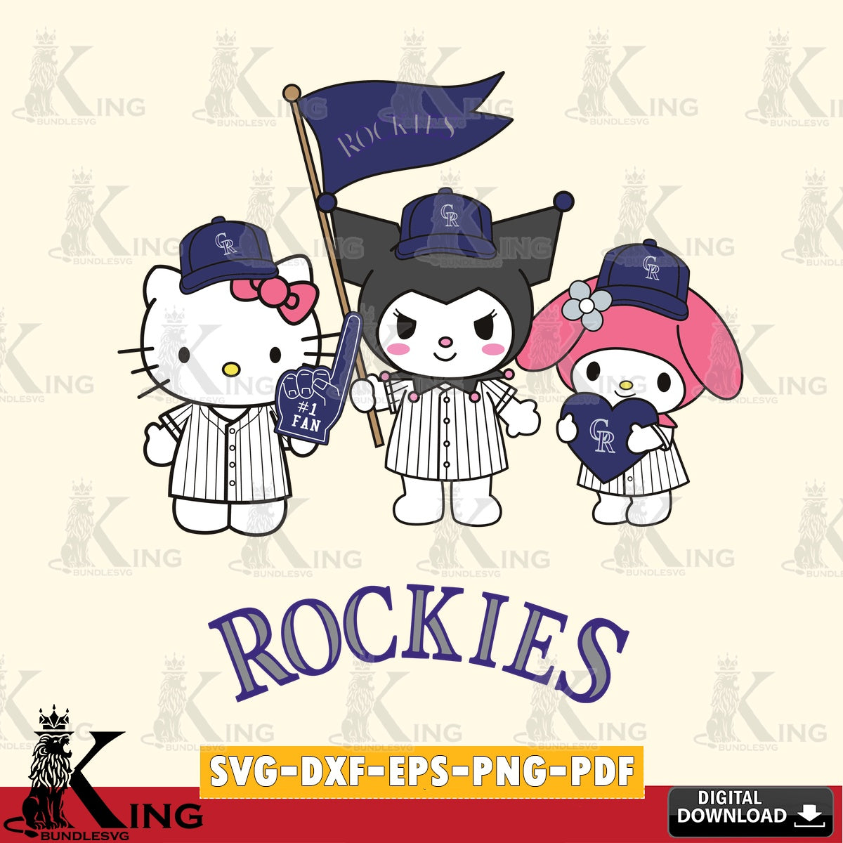 Modern graphic depicting Colorado Rockies Kawaii friends Baseball, SVG PNG design suitable for Glowforge and laser cutting