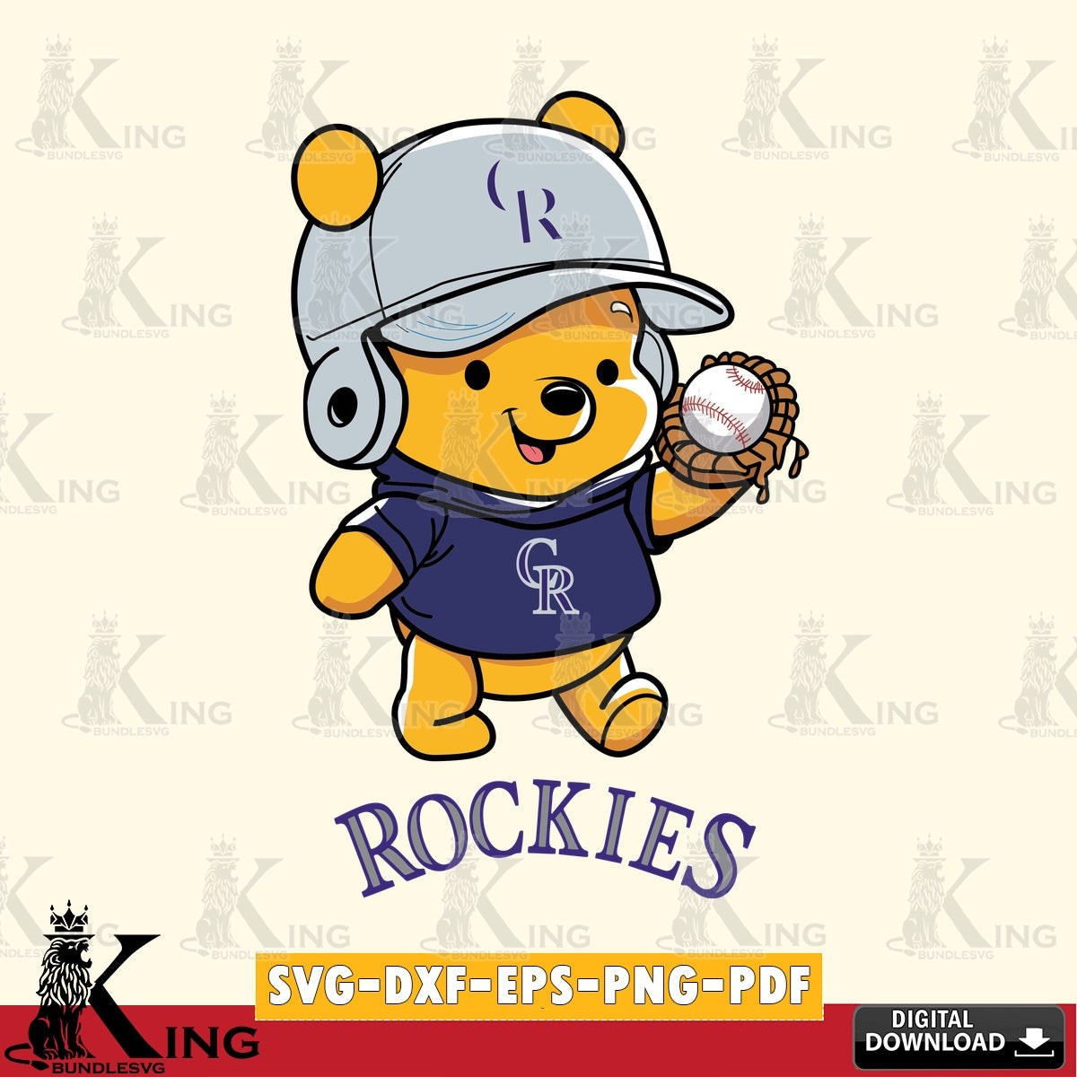 Eye-catching graphic of a Colorado Rockies Pooh Bear baseball design, a crafting file for iron-on transfer and vinyl decals.