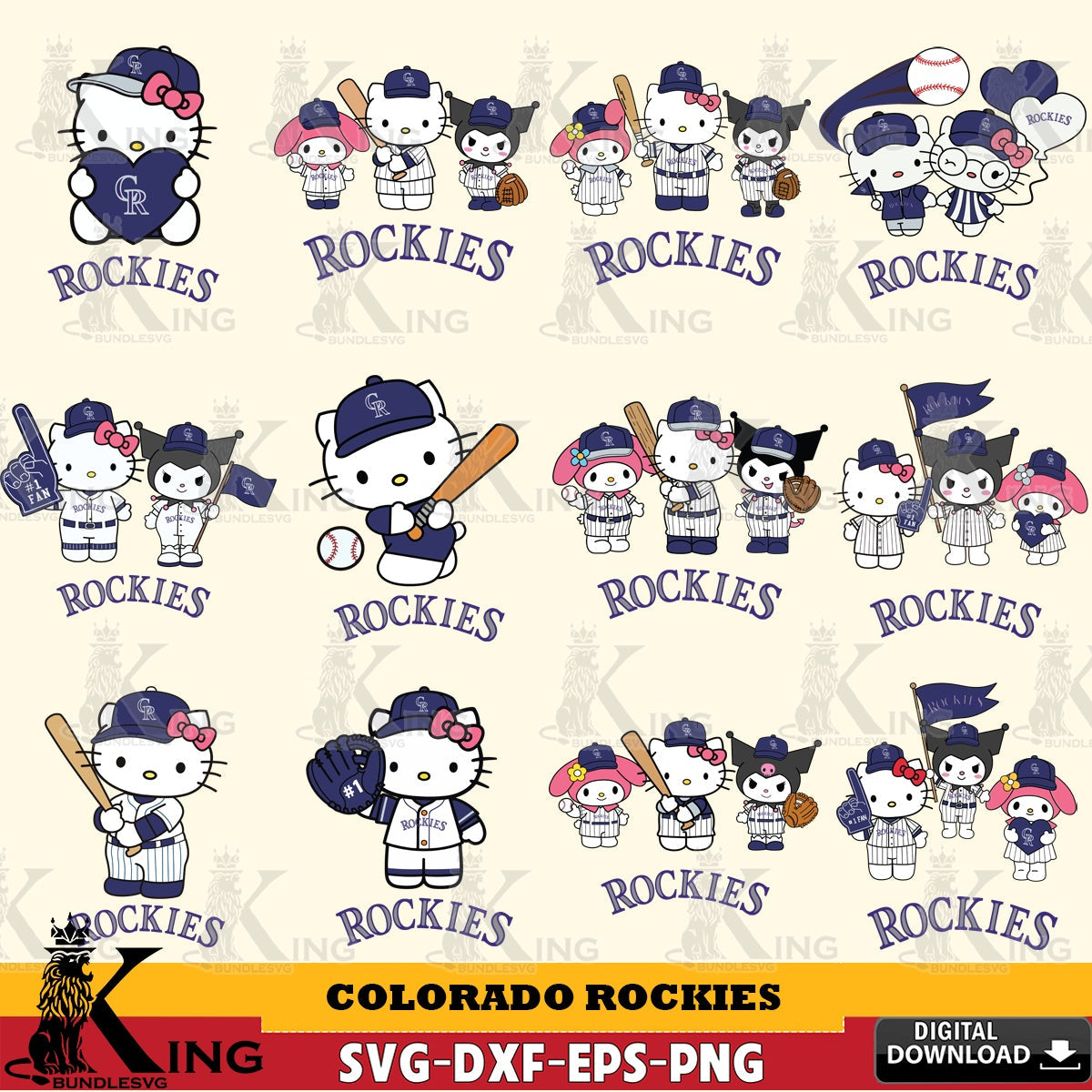 Massive pack of Colorado Rockies Sanrio Squad Baseball MLB Bundle cut file digital download for Cricut Maker and paper crafts