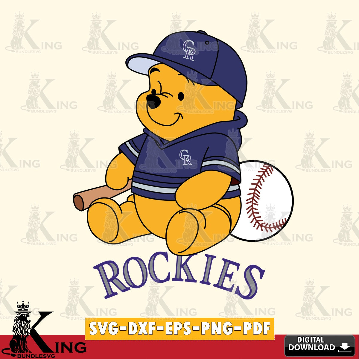 Digital clipart of Colorado Rockies Winnie the Pooh Baseball, versatile clip art for stickers, decals, and mugs