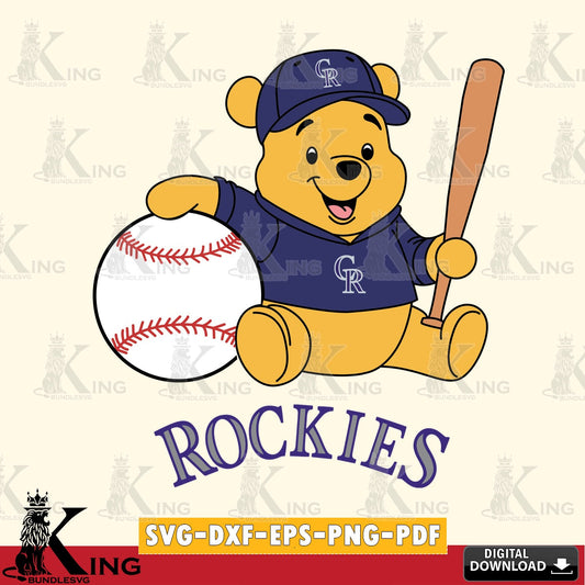 Digital download featuring Colorado Rockies Winnie the Pooh baseball star player, a printable vector design for sublimation and