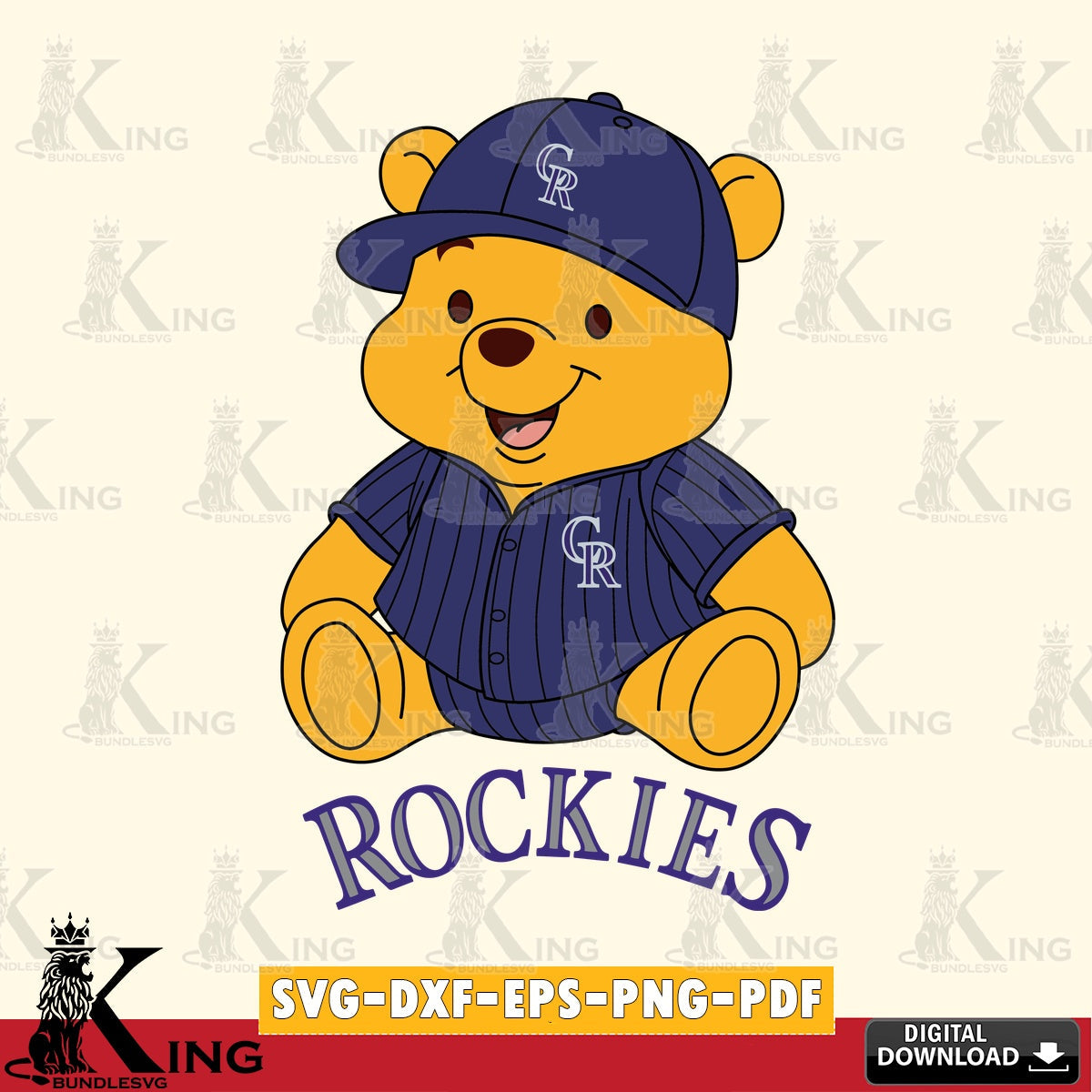Detailed illustration of Colorado Rockies Winnie the Pooh cute baseball, printable vector design for sublimation and crafts