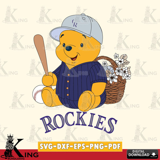Vector design showing Colorado Rockies Winnie the Pooh with flower baseball, digital download for Cricut Maker and paper crafts