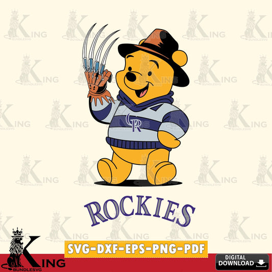 Vector design showing Colorado Rockies Winnie the Pooh Freddy Krueger baseball, a digital download for Cricut Maker and paper