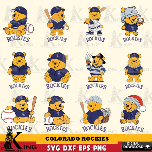 Premium pack containing Colorado Rockies Winnie the Pooh MLB baseball bundle cut file ideal for vinyl projects and T-shirt