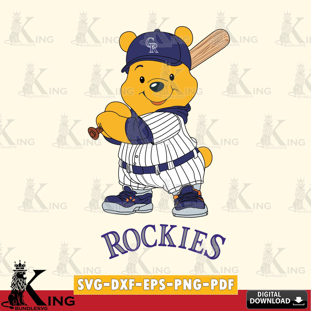 Stylish representation of Colorado Rockies Winnie the Pooh Player Baseball SVG PNG files perfect for Cricut and Silhouette cutting