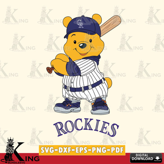 Stylish representation of Colorado Rockies Winnie the Pooh Player Baseball SVG PNG files perfect for Cricut and Silhouette cutting