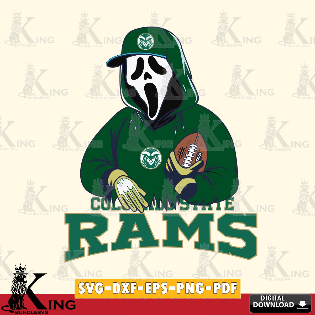 Creative design featuring a Colorado State Rams Ghostface Scream football player, vector illustration for POD merchandise and