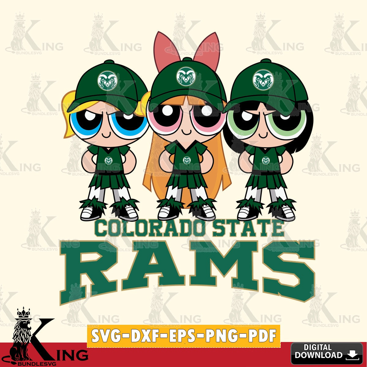 Hand-drawn style art of Colorado State Rams PowerPuff Girls football, printable vector design for sublimation and crafts
