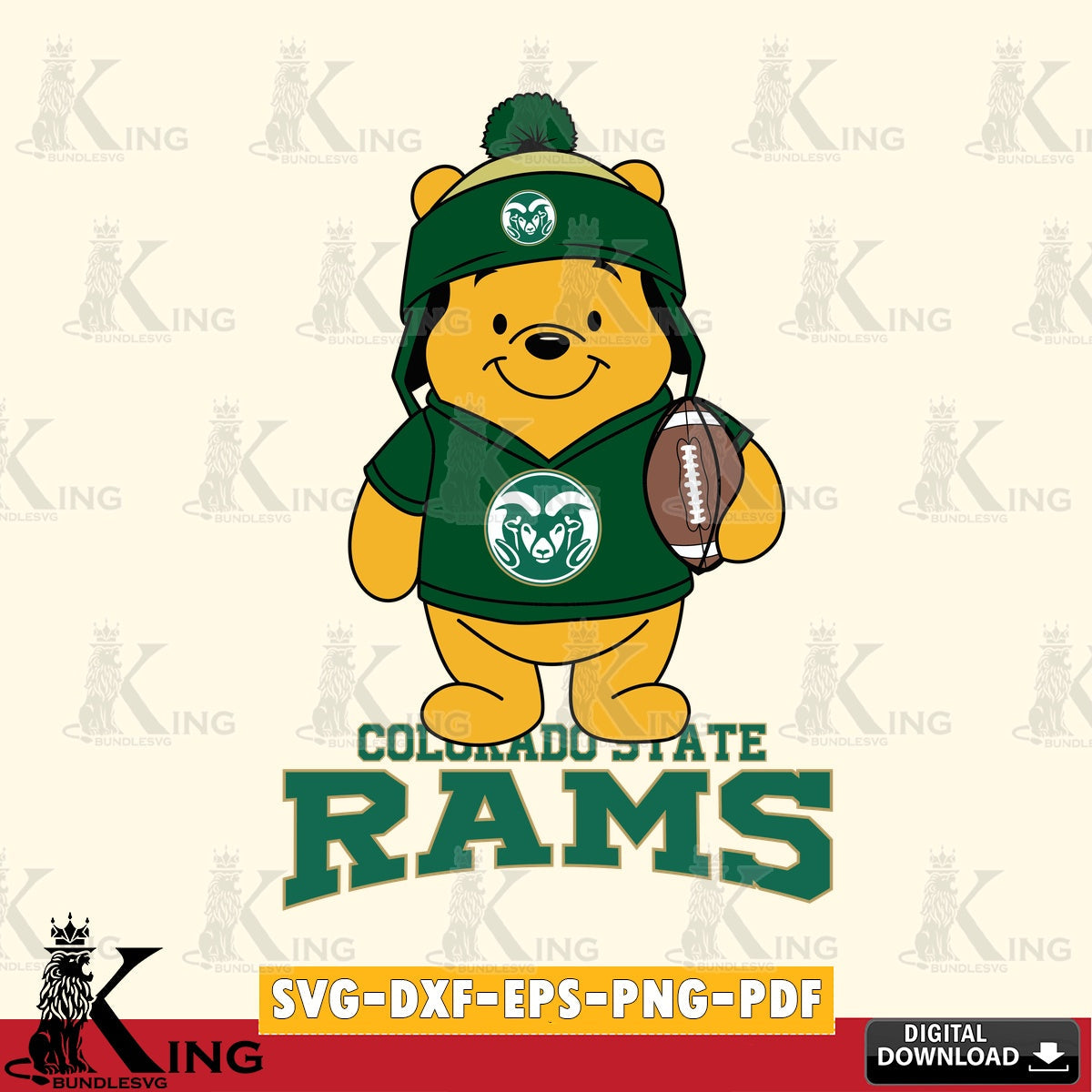 Vector design showing Colorado State Rams Winnie the Pooh player football, NCAA, PNG clipart for sublimation printing and graphic