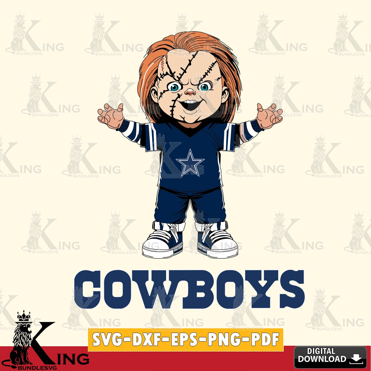 Detailed illustration of a Dallas Cowboys Chucky football PNG clipart for sublimation printing and graphic design