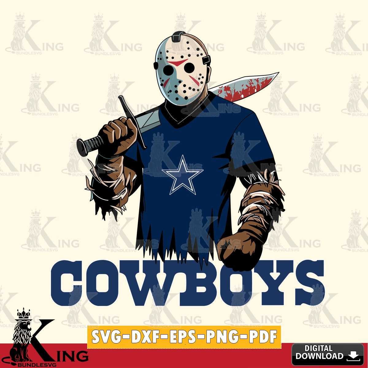 Custom design featuring Dallas Cowboys Jason Voorhees football, a crafting file for iron-on transfer and vinyl decals.