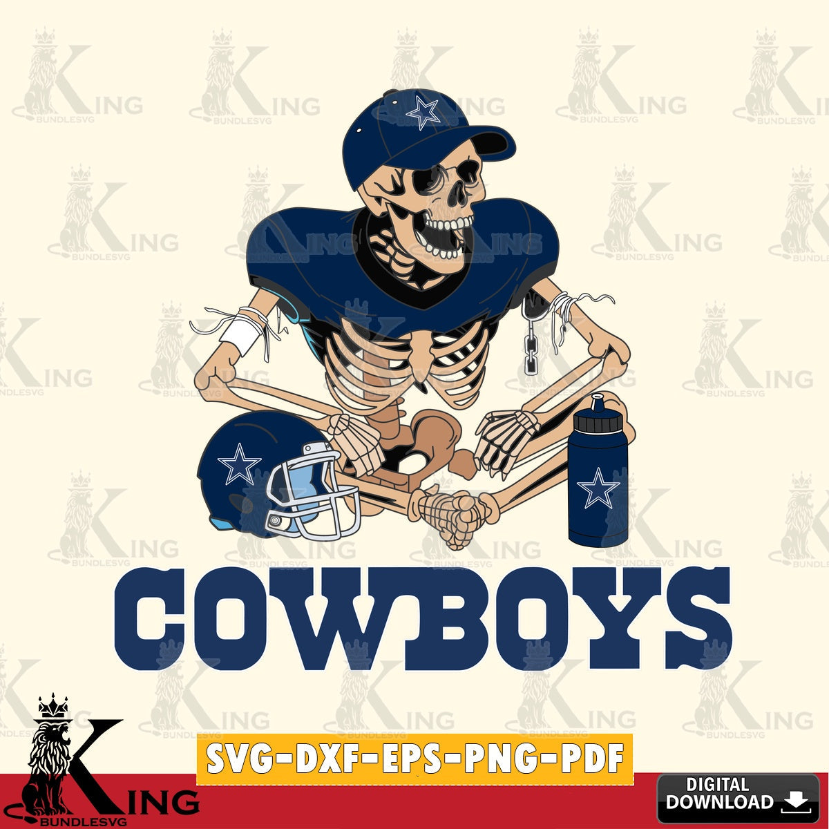 Modern graphic depicting a Dallas Cowboys skeleton player playing football, vector art for engraving, cutting, and printing