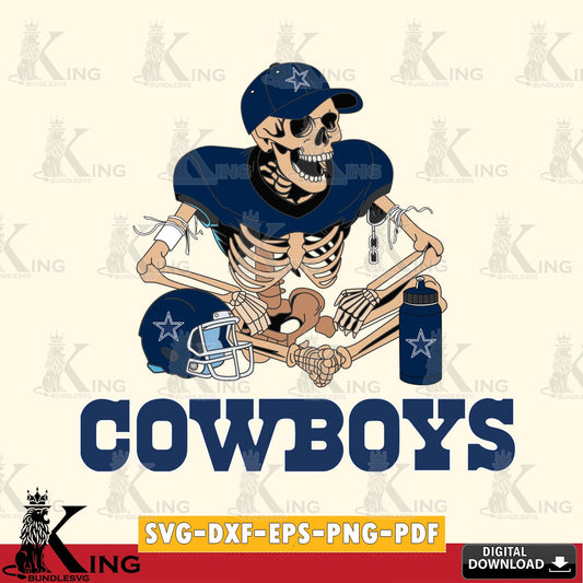 Modern graphic depicting a Dallas Cowboys skeleton player playing football, vector art for engraving, cutting, and printing