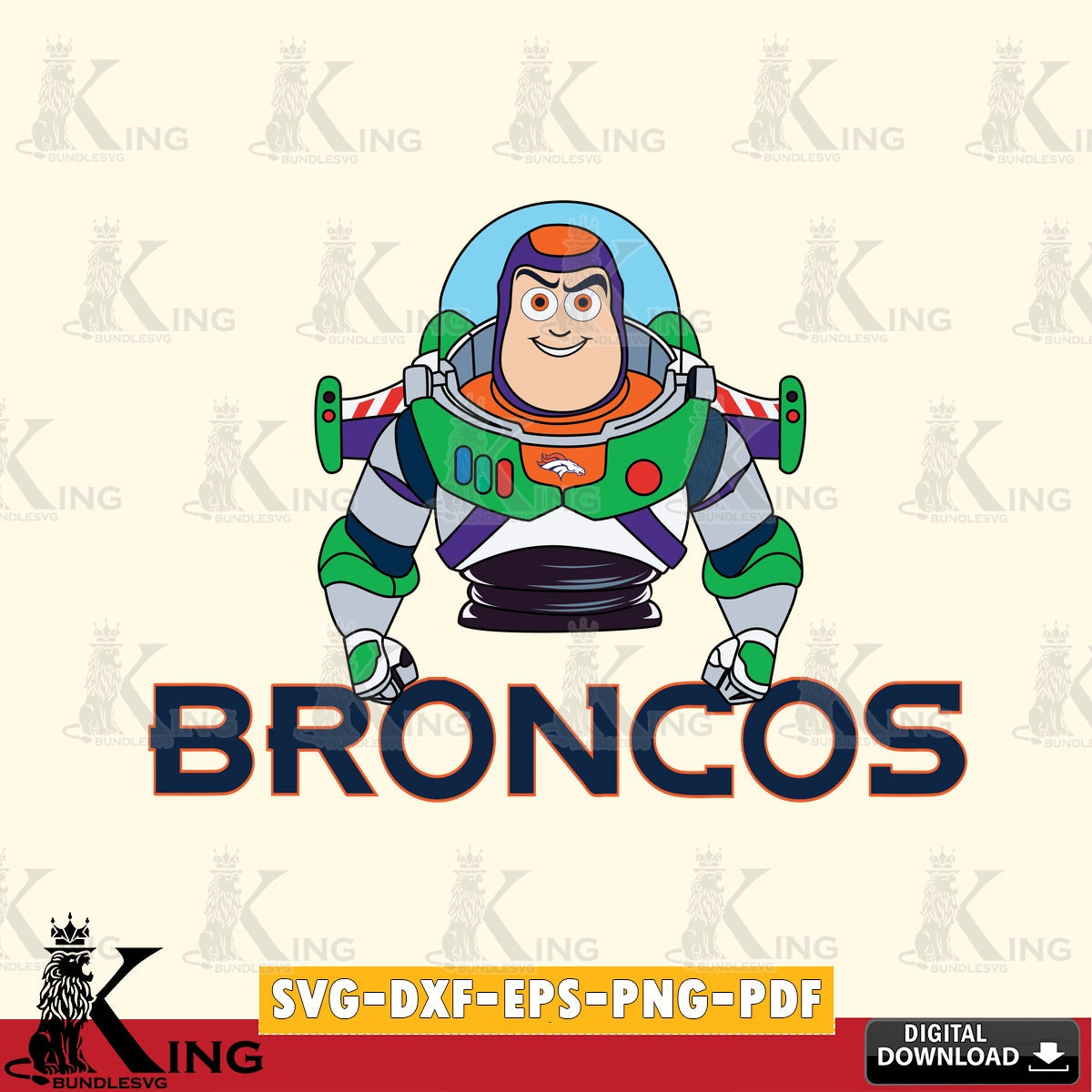 Hand-drawn style art of a Denver Broncos Buzz Lightyear football, high-quality vector for DIY scrapbooking and home decor