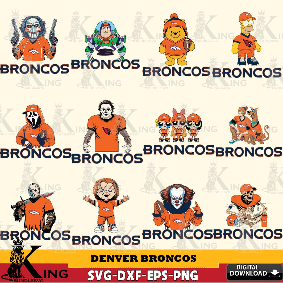 Huge collection of Denver Broncos cartoon football NFL bundle vector art for engraving, cutting, and printing